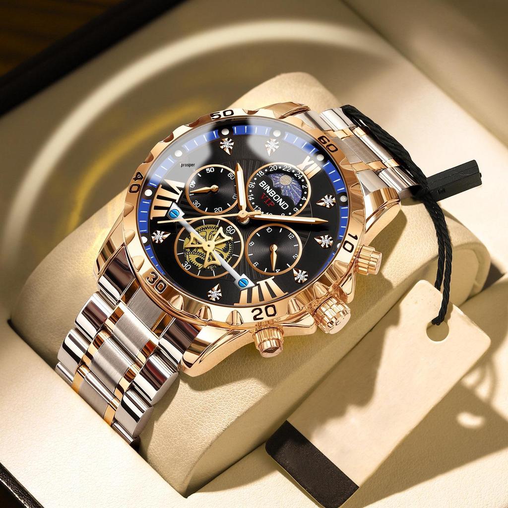 Binbang BINBOND Men's Luminous Waterproof Quartz Flywheel Watch - Genuine Business and Student Style, High-End Design.