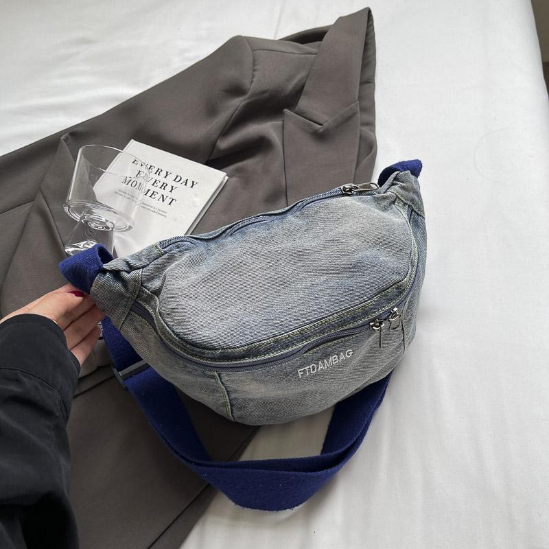 Geantă de piept din denim pentru femei, geantă de umăr cu capacitate mare, geantă de talie