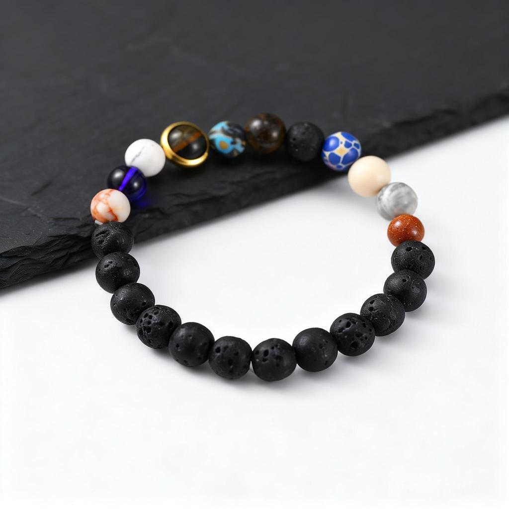Eight Major Galaxies Beaded Bracelets for Men,Black Natural Stone Elastic Bead Bracelet,Classic Trendy Jewelry Gift