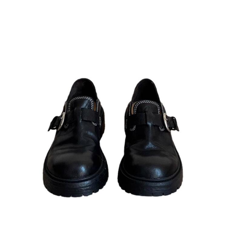 Cowhide version~ British style retro leather single shoes belt buckle muffin bottom loafers women's thick-soled thick-heeled small leather shoes