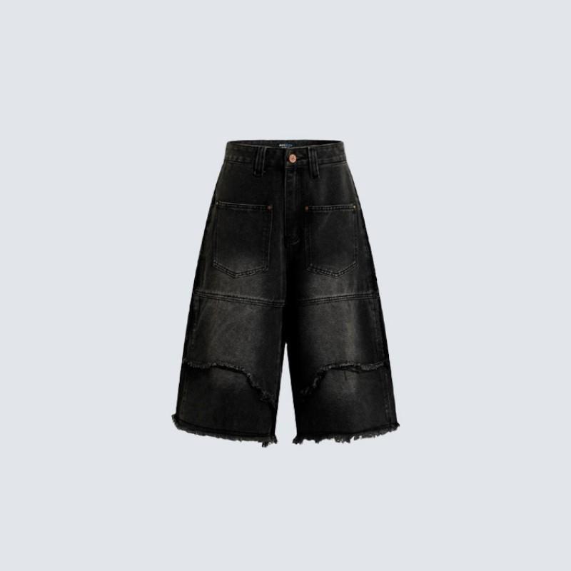 Mens Vintage Distressed Denim Shorts Loose Straight Leg Streetwear High Street Style