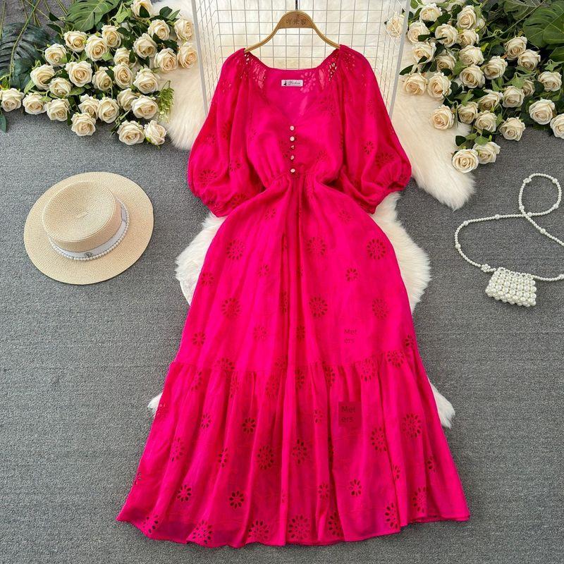 

A- line Cut Out Embroider Dress Elegance Large Swing Short Sleeve Rose Red All yards