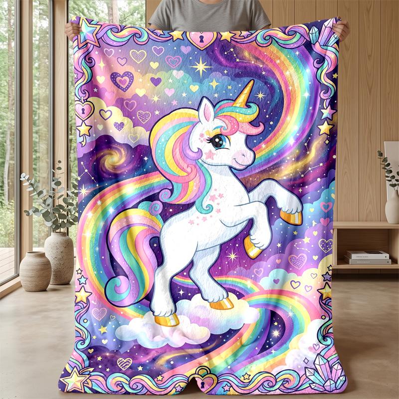 Rainbow Unicorn Fantasy Theme Blanket Lightweight Warm Flannel Blanket Decorative Throw Blanket for Home Decoration