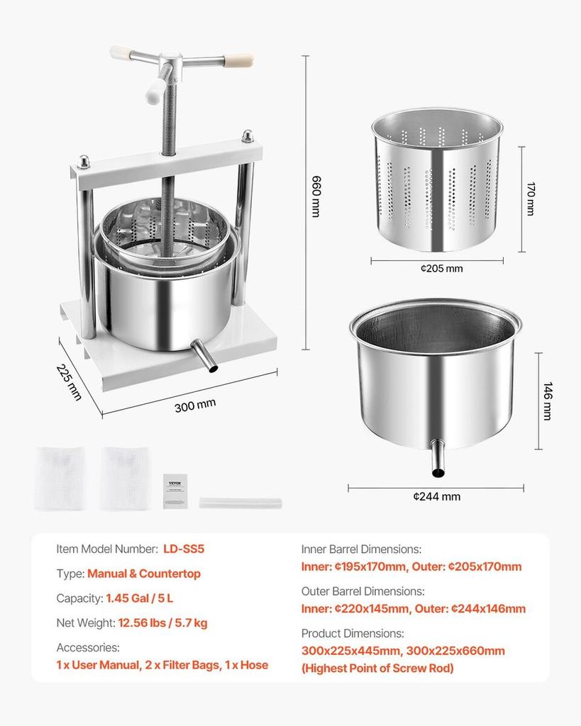Fruit Wine Press Manual Press for Wine Making 1.45 Gal/5L Stainless Steel