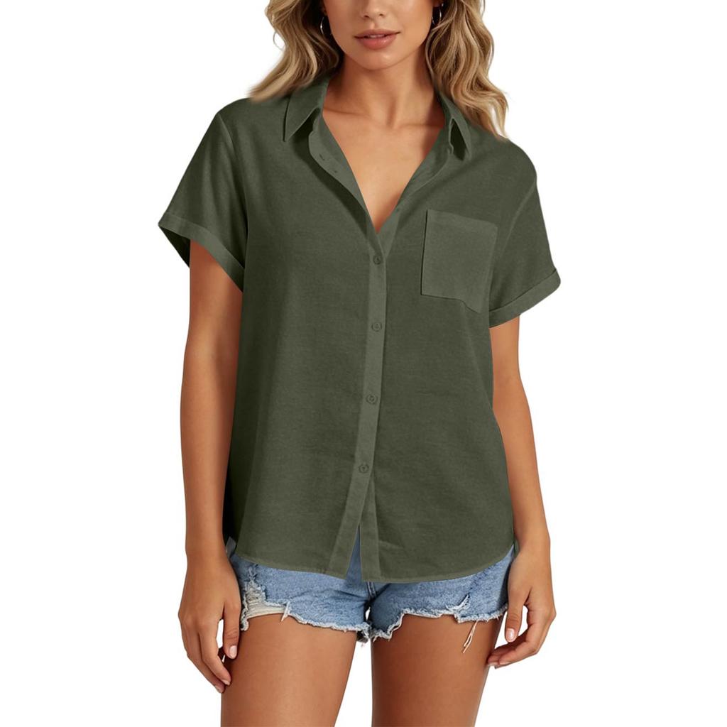 Women's Summer Short Sleeve Blouse with Collar - Color Button Up Relaxed Fit