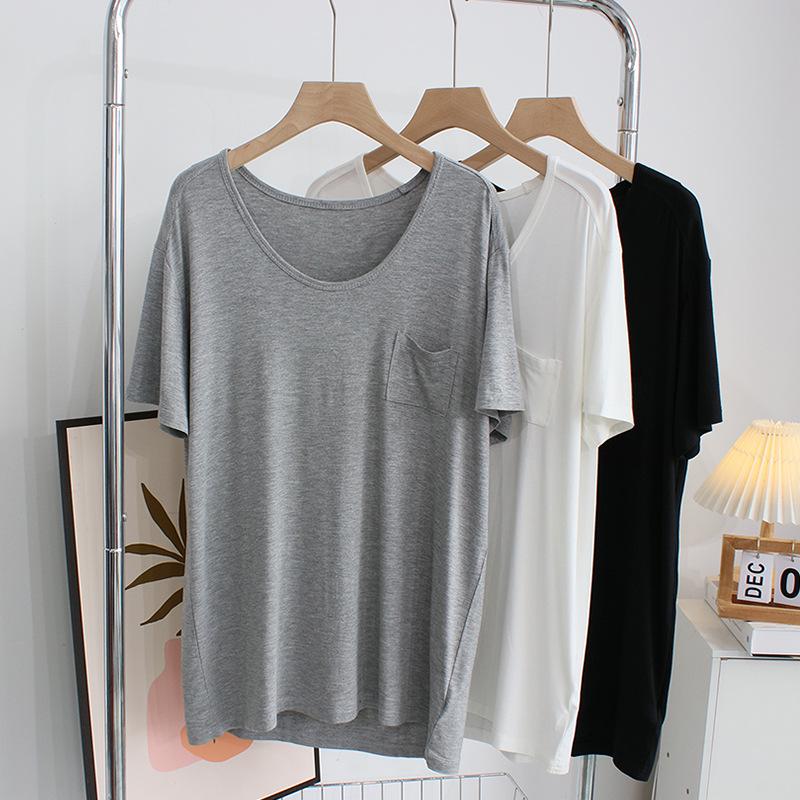 

Women s Summer Solid Color Pocket T-Shirt - Loose, Soft Modal Short Sleeve Top One Size чорний