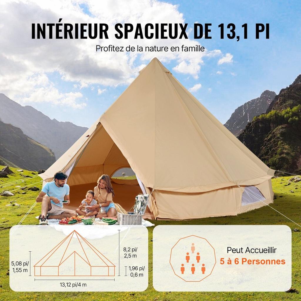 Canvas Bell Tent, 4 Seasons 4 M/13.12 Ft Yurt Tent, Canvas Tent for Camping with Stove Jack, Breathable Tent Holds Up To 6 People, Family Camping