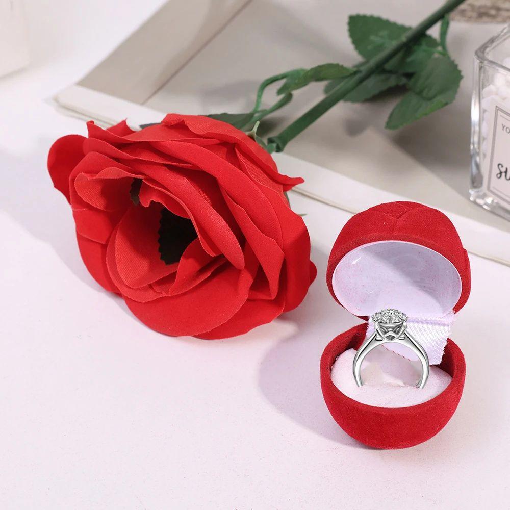 Red Flower Stem Jewelry Box Stud Earrings Engagement Rings Box  Gift Box
