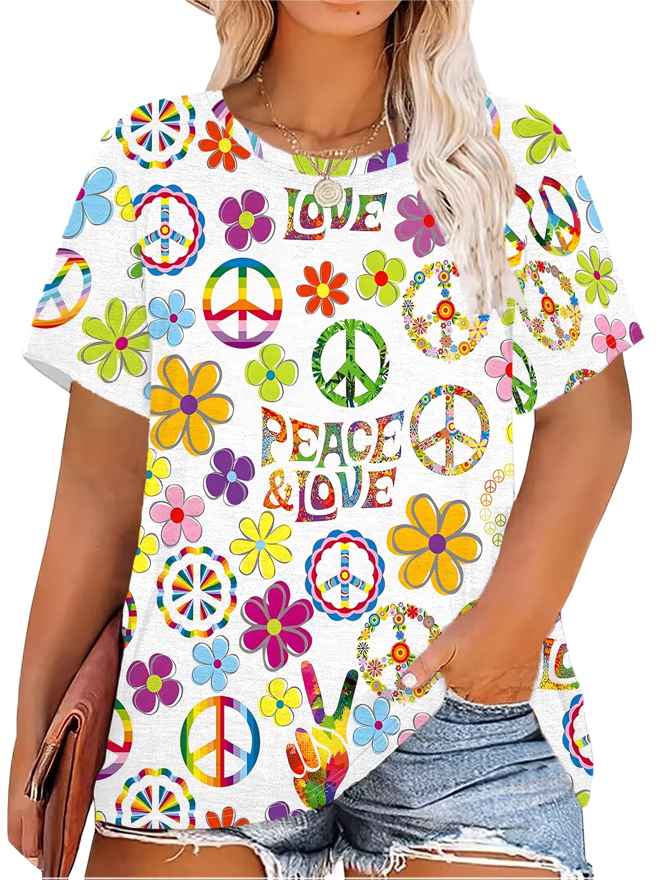 

[Printed Design-Not Textured] Vibrant Floral Women S Round Neck Short Sleeve T-Shirt Peace Love Print. Casual Style. Machine Washable. All-Season Wea 3XL дубильна кора