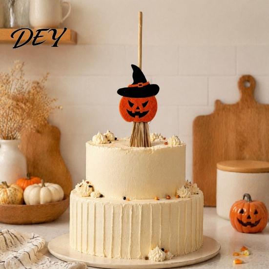 Bat Shape Party Ornament Halloween Mini Broomstick Ornament, Witch Pumpkin Ghost Decor with Natural Grass Miniature Holiday Set Broom, Festive