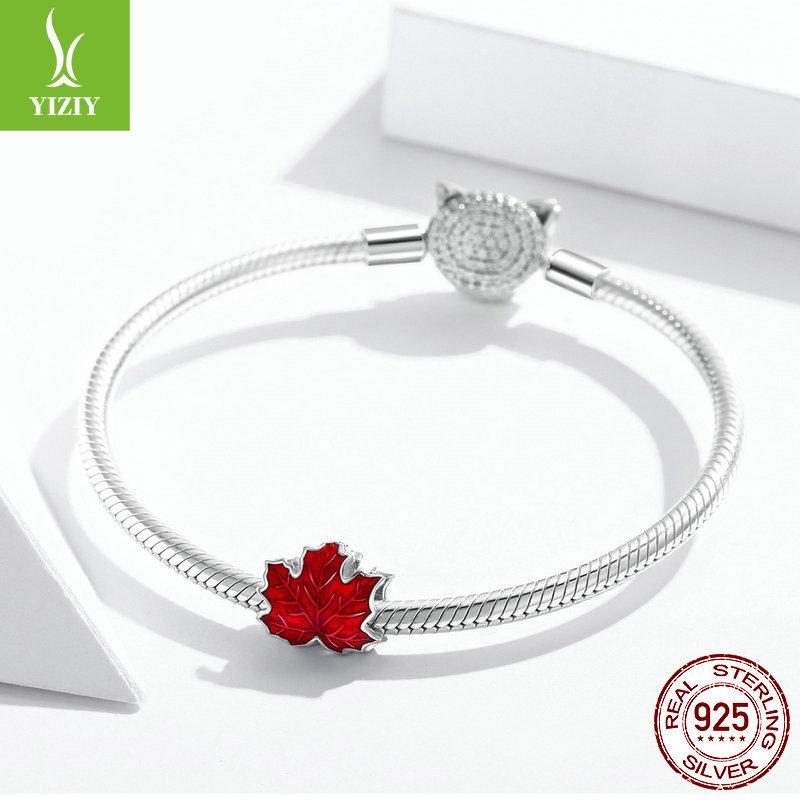 S925 Silver Red Passion Maple Leaf Beaded, Fashionable Dripping Leaf Diy Jewelry Accessories Bsc335