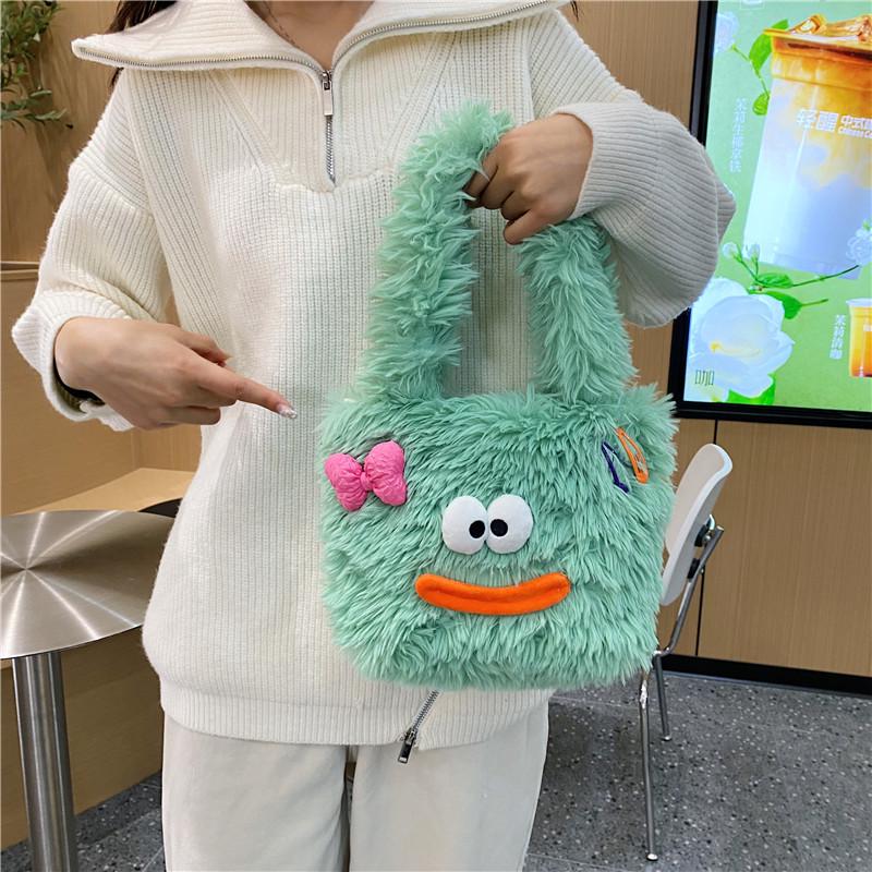 

Осенне-зимняя симпатичная плюшевая сумка через плечо с рисунком из мультфильма - большая вместимость для студентов зелёный