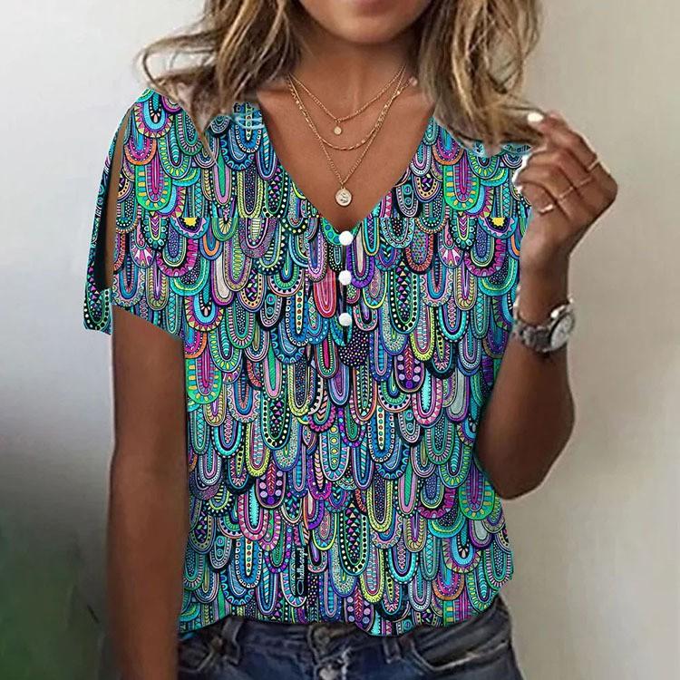 Women's Fashion  Print V-neck Short Sleeves Printed T-shirt