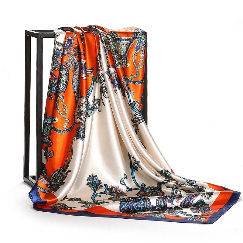Fashion Kerchief Silk Satin Neck Scarf For Women Print Hijab Scarfs Female 90*90Cm Square Shawls And Wraps Scarves For Lady