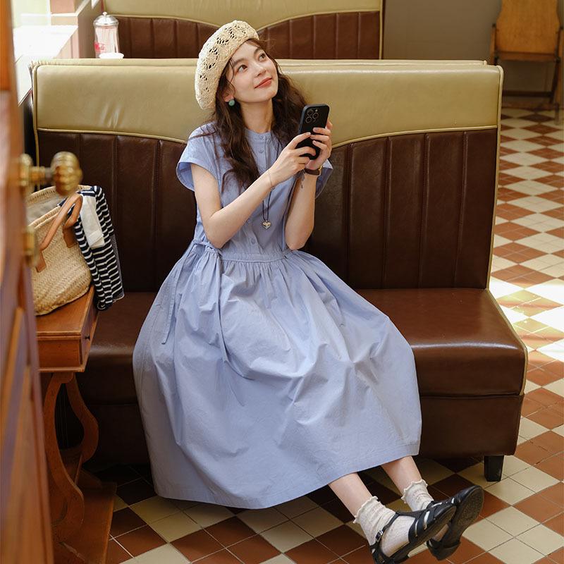 

Летнее литературно-художественное платье Сяоцин с естественной талией для повседневной носки, женское длинное платье с коротким рукавом L синий