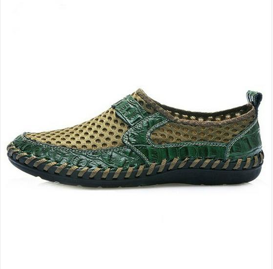Men's Breathable Crocodile Pattern Mesh Shoes, Genuine Leather, Large Size, Summer Collection.