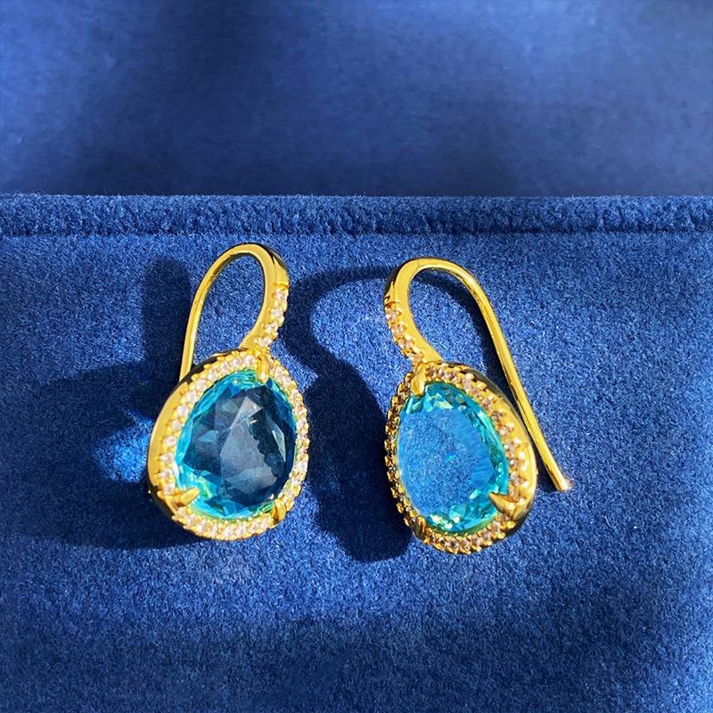 Natural Artificial Crystal Blue Transparent Gemstone Wind Triangle Earrings, Ear Hooks, Fashion Light Luxury Earrings, Women'S Cold Wind