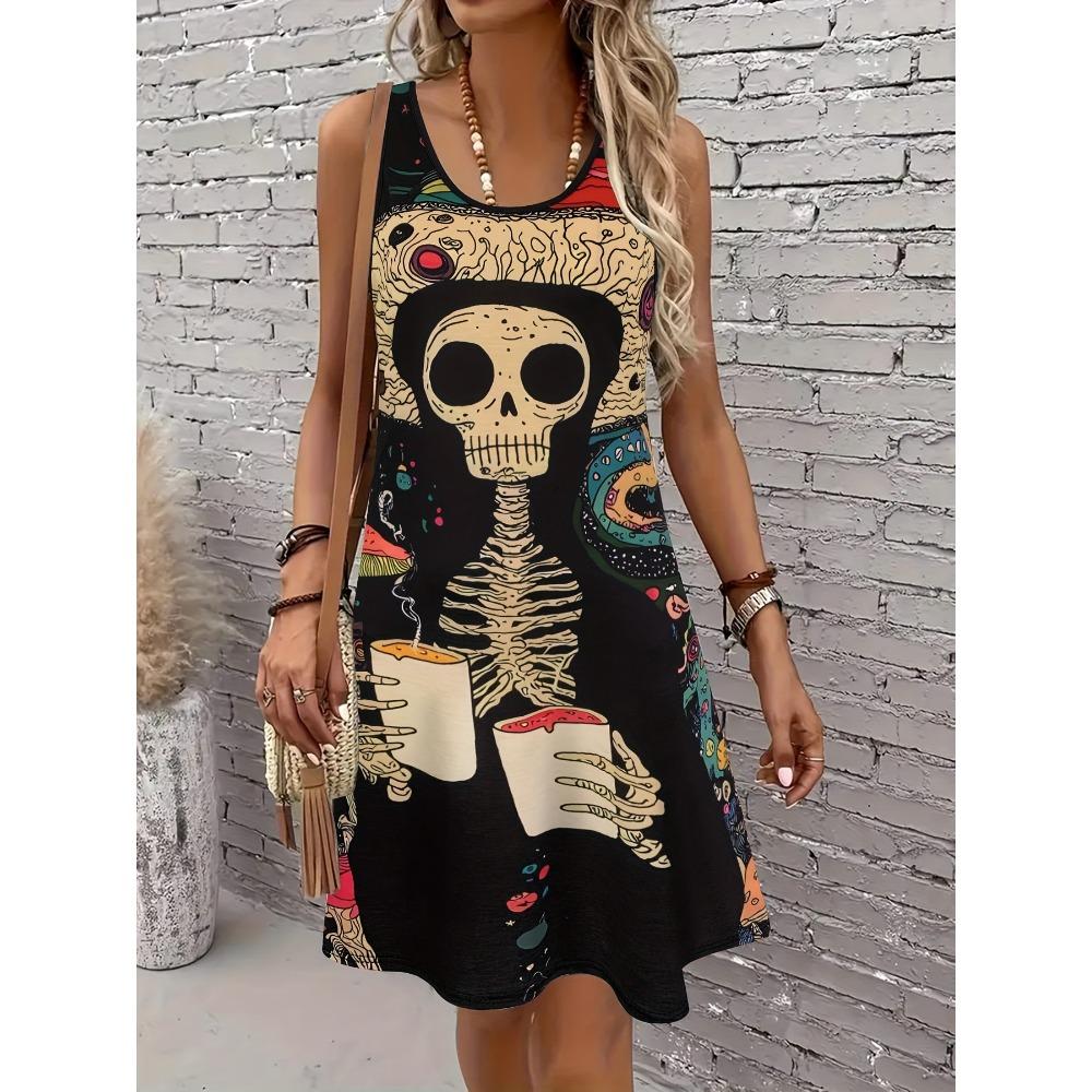 Women'S Gothic Punk Floral Skull Graphic Print Sleeveless Midi Dress Casual Black A-Line Tank Dresses Woman Summer Y2k Clothes