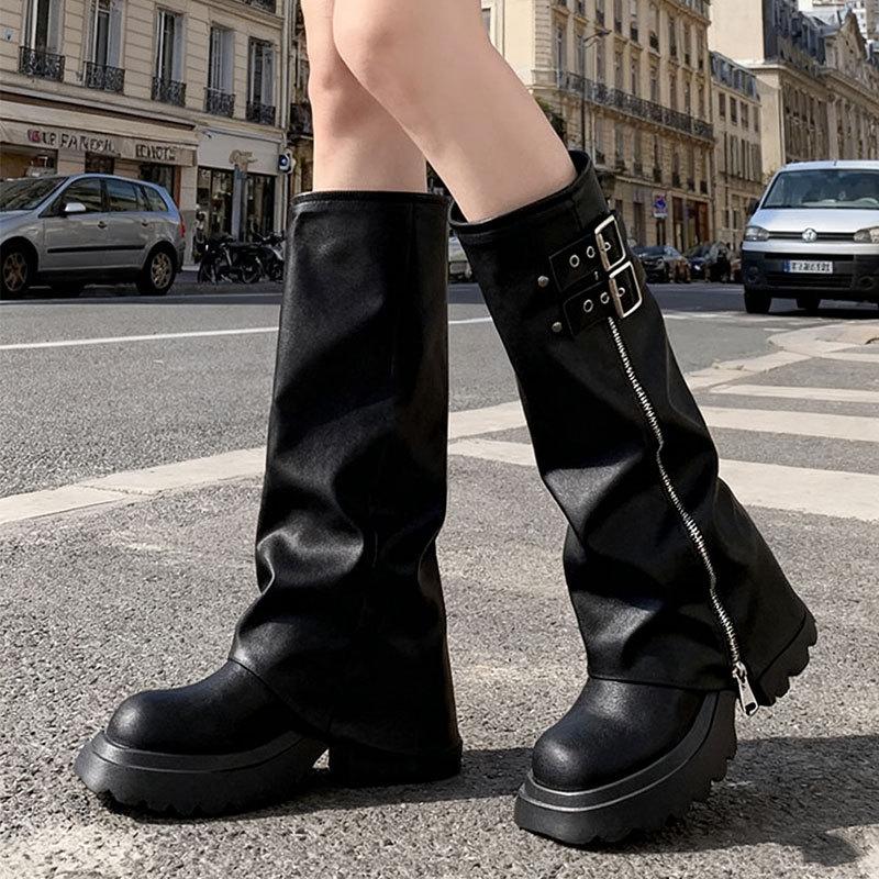 Thick-soled Tube Boots Stacking Boots Women's New Heightening Western Boots Long Boots High Knight Boots White High Heel Black