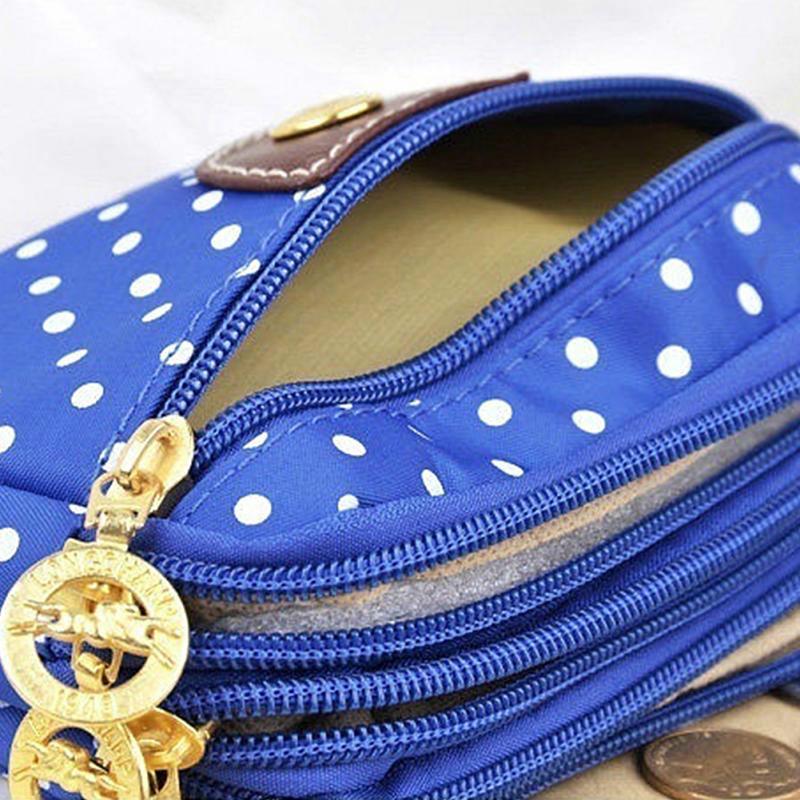 Women Polka Dots Canvas Wallet Three-layer Zipper Coin Purse Waterproof Cell Phone Bag