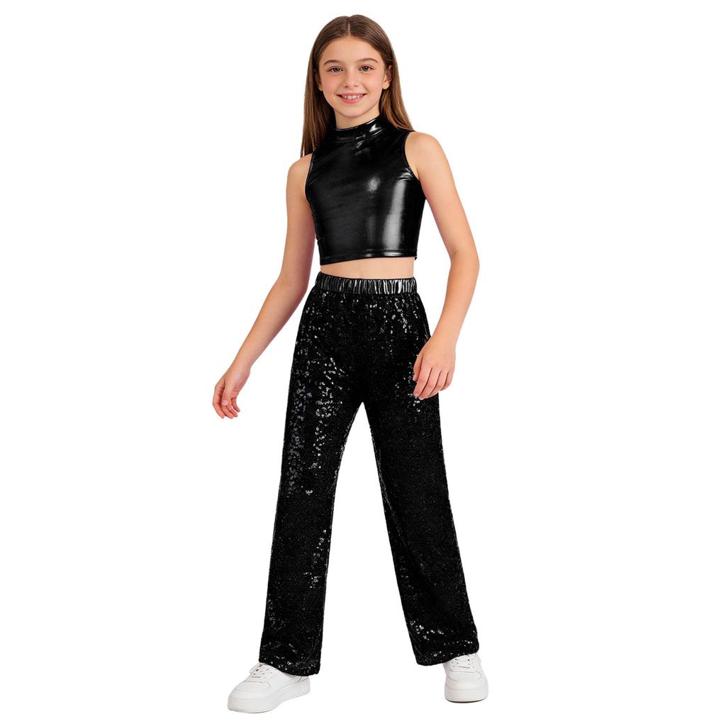 Kids Jazz Dance Costume Sleeveless Mock Neck Metallic Top and High Waist Sparkle Sequin Pants for Stage Competition
