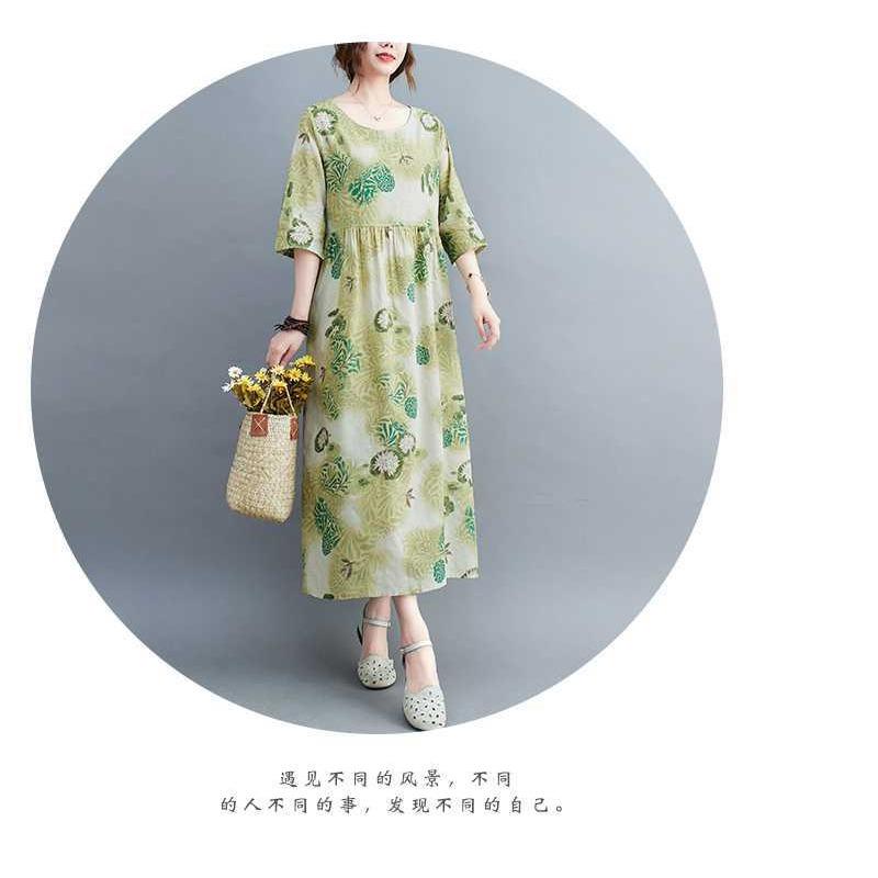 Sommer Neu Übergröße Locker Dünn Rundhals Fünf-Minuten-Ärmel Altersreduzierend Damenkleider