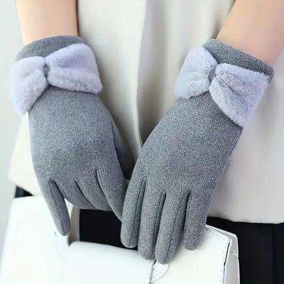 Solid Color Winter Warm Gloves Elegant Plush Bow Decor Cuff Women's Gloves Stylish Casual Windproof Gloves