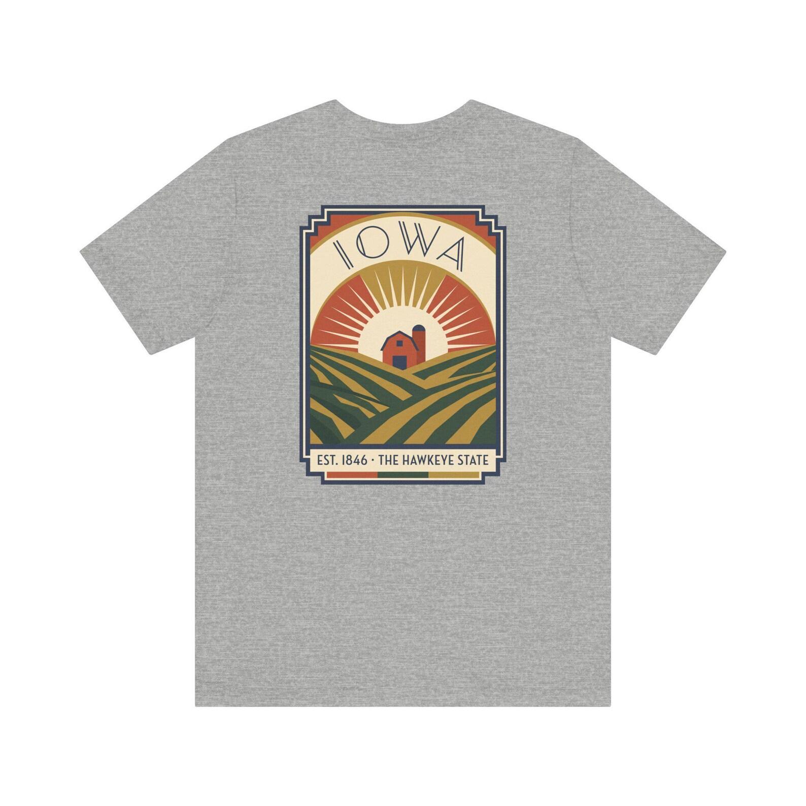 Iowa Sunrise Farm Art Deco T-Shirt | Retro Midwest Farmland Graphic Tee | Iowa State Pride Gift L