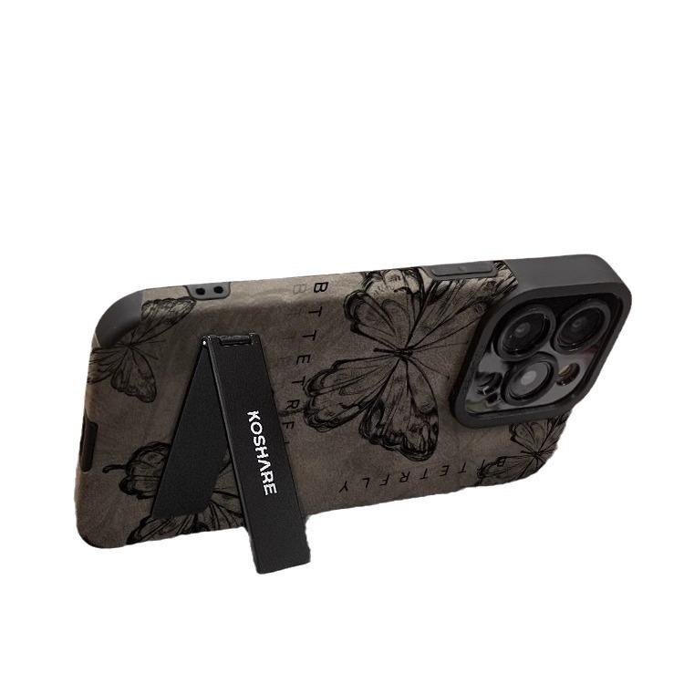 Retro Butterfly Leather Texture iPhone 15 Pro Max Suede Case with Women's Chain