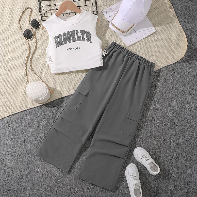 

Летний комплект для девочек без рукавов и брюки карго 2025: Американский повседневный стиль для детей 160cm серый