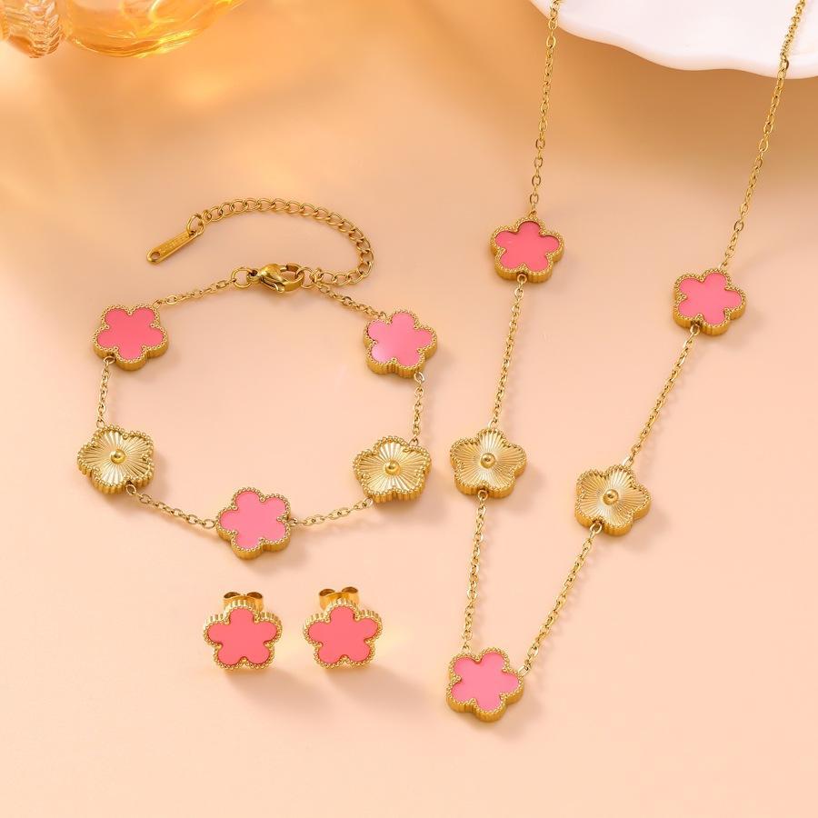 Edelstahl Glück Fünfblättrige Blume Halskette Ohrringe Armband Set für Frauen Freundin Geschenk Schmuck