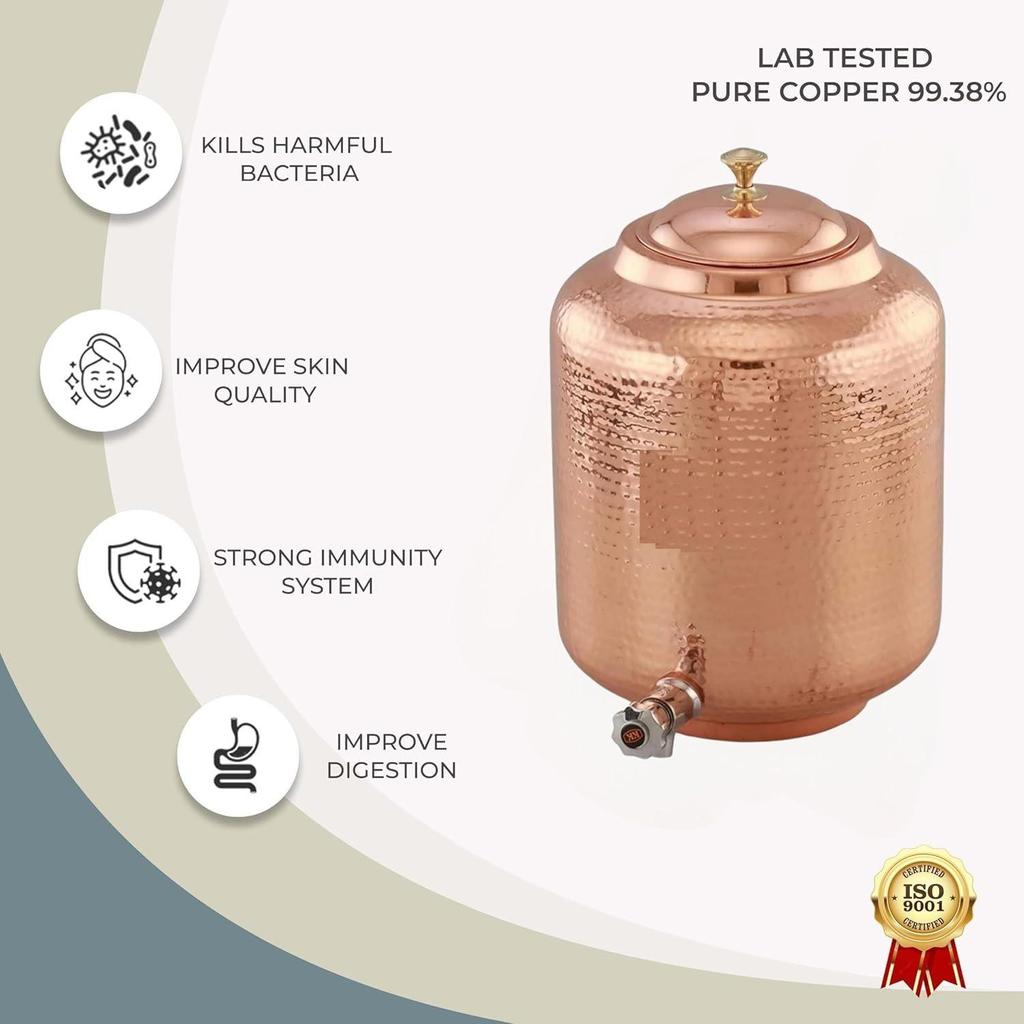 14 Liter Wasserspender aus gehämmertem Kupfer (Matka) Behältertopf mit 2 Kupfergläsern Reines Kupfer und Ayurveda-Gesundheitsvorteile