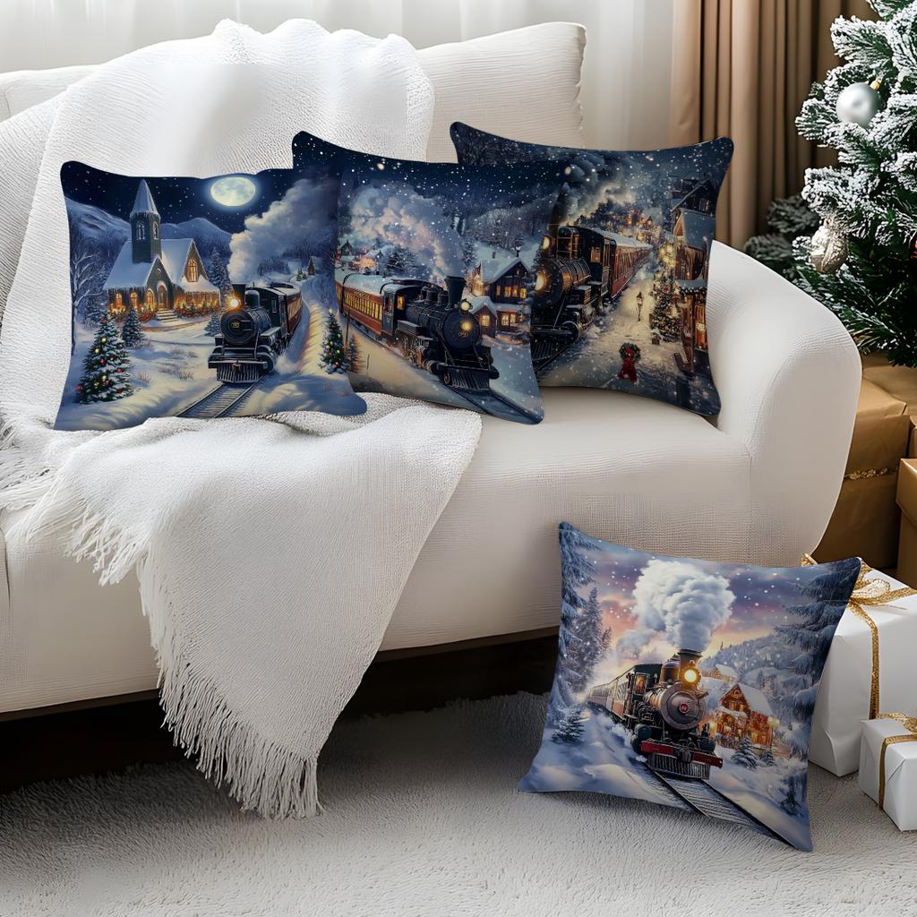 Christmas Village And Train Pillowcase Bedroom Sofa Cushion Cover 100% Polyester Living Room Cushion Pillowcase Home Decor