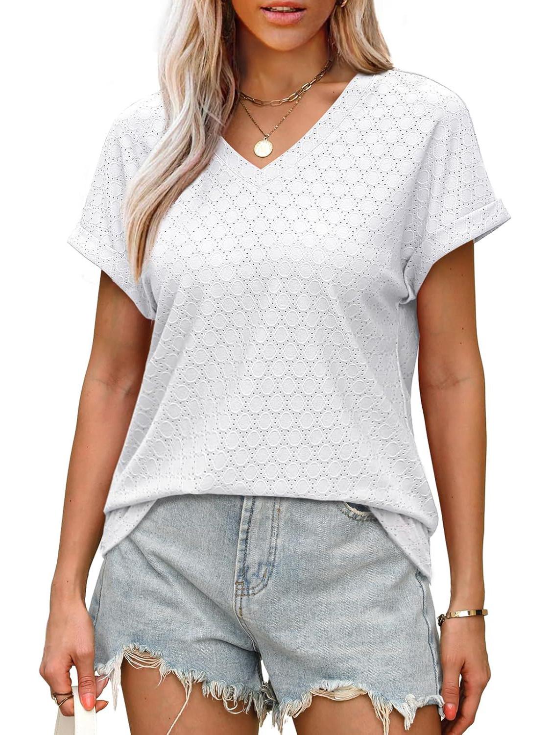 

European & American Women’s Water Soluble Flower Solid Color Loose Comfortable Breathable T-shirt for Summer 2026 Large