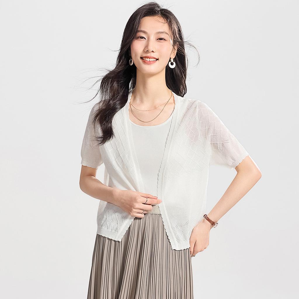 Thin Knit Short Sleeved Women's T-shirt with High-end Feel, Summer Ice Silk Women's Knitted Sweater with Cardigan and Shawl Cover