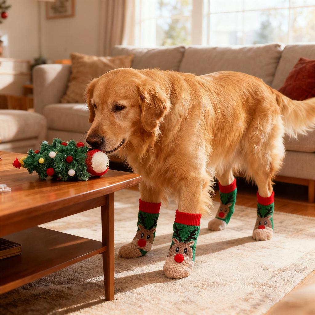 Pet Dog Socks Dog Limb Socks Cartoon Pattern Christmas Dog Socks Christmas Elk Cartoon Pet Socks Non-Slip Socks