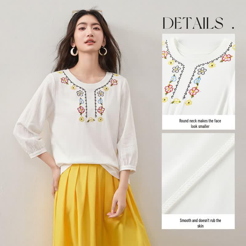 Women's Bohemian Embroidered Cotton T-shirt