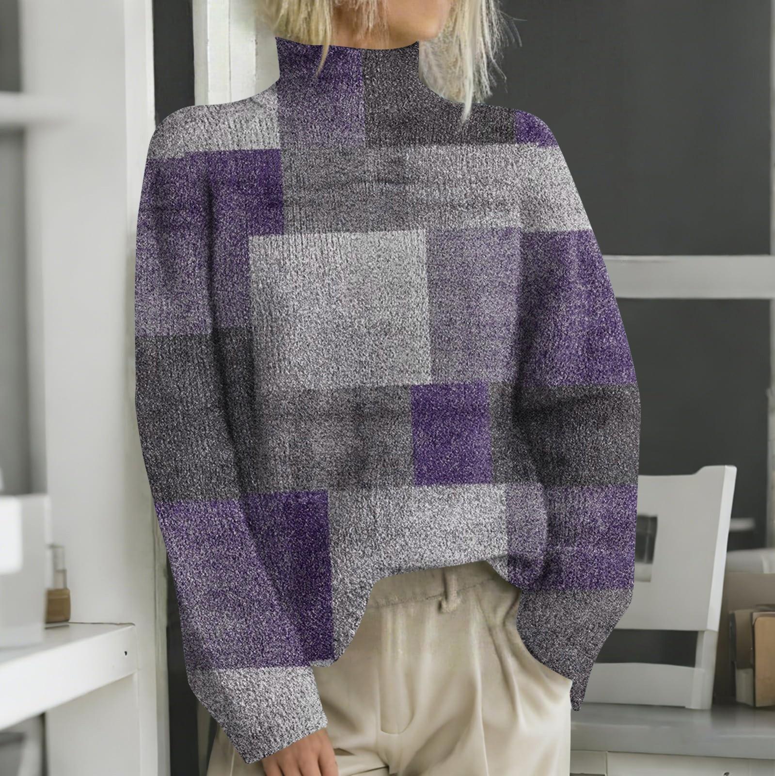 

Женская мода повседневная с длинным рукавом и принтом, с высоким воротом, шерстяной трикотаж L фиолетовый