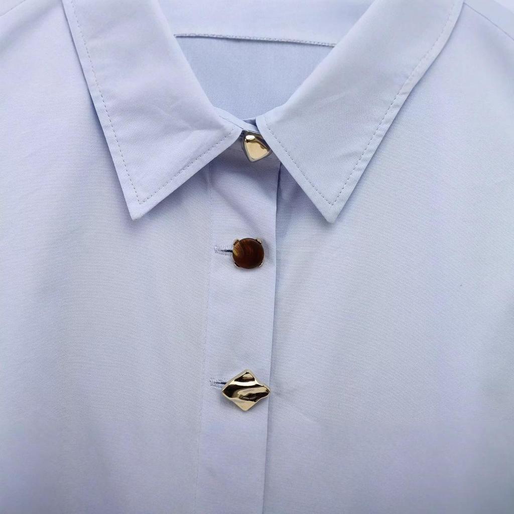 Spring/Summer 2025 European & American Gold Button Turn-Down Collar Long Sleeve Loose Shirt