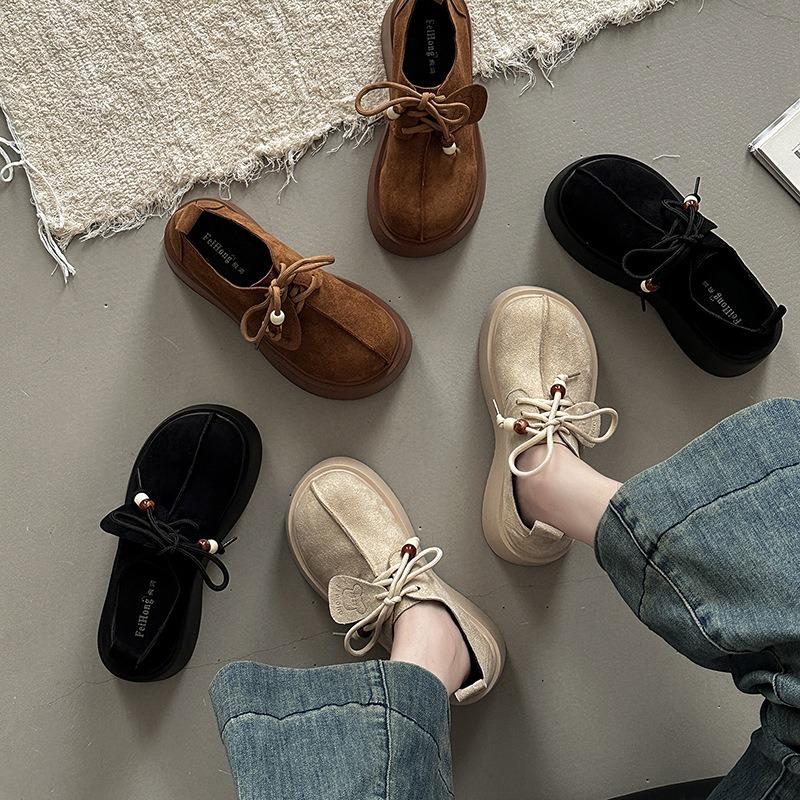 Fashion Women Fashion Versatile Thick-soled Heightening Leisure Shoes Women's Retro Big-head Loafers Shallow-mouth Bag-head Single Shoes
