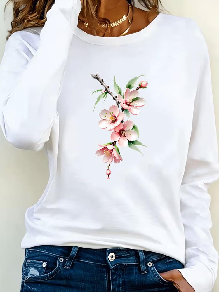 (Asian Size) Tee Lady Printed o-neck trend flower lovely Long Sleeve T Shirt Women Female Clothing Casual Fashion Top Graphic T-shirts