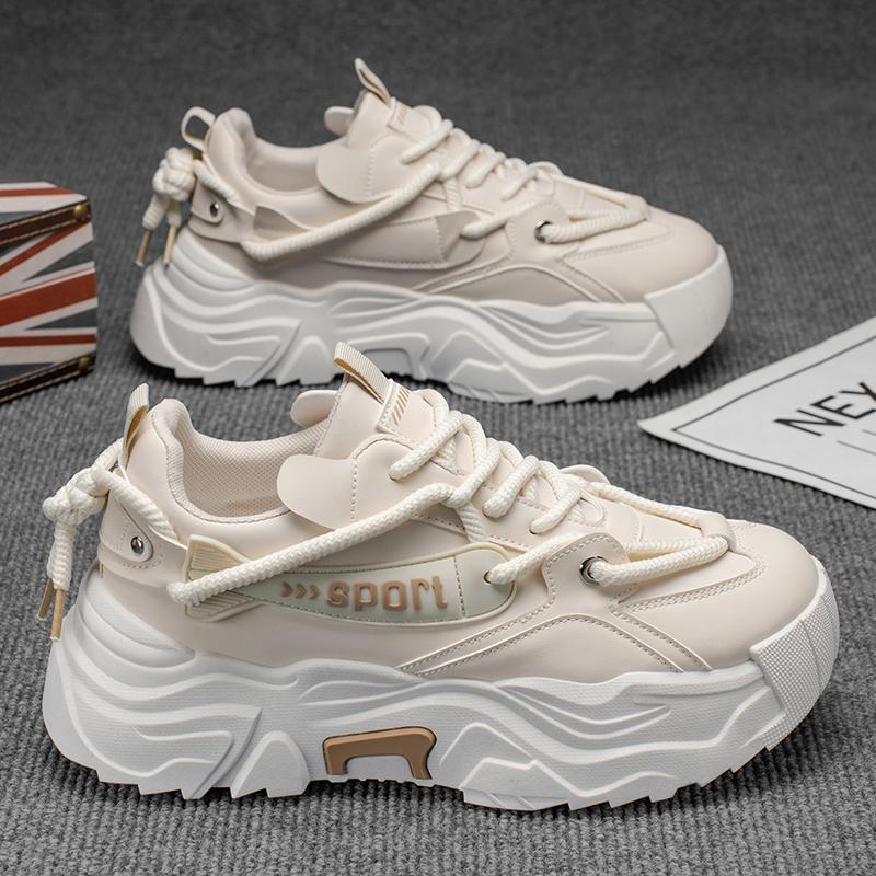 Men's shoes autumn and winter trendy brand feeling leather surface non-slip light soft sole sports running casual height increase white dad shoes
