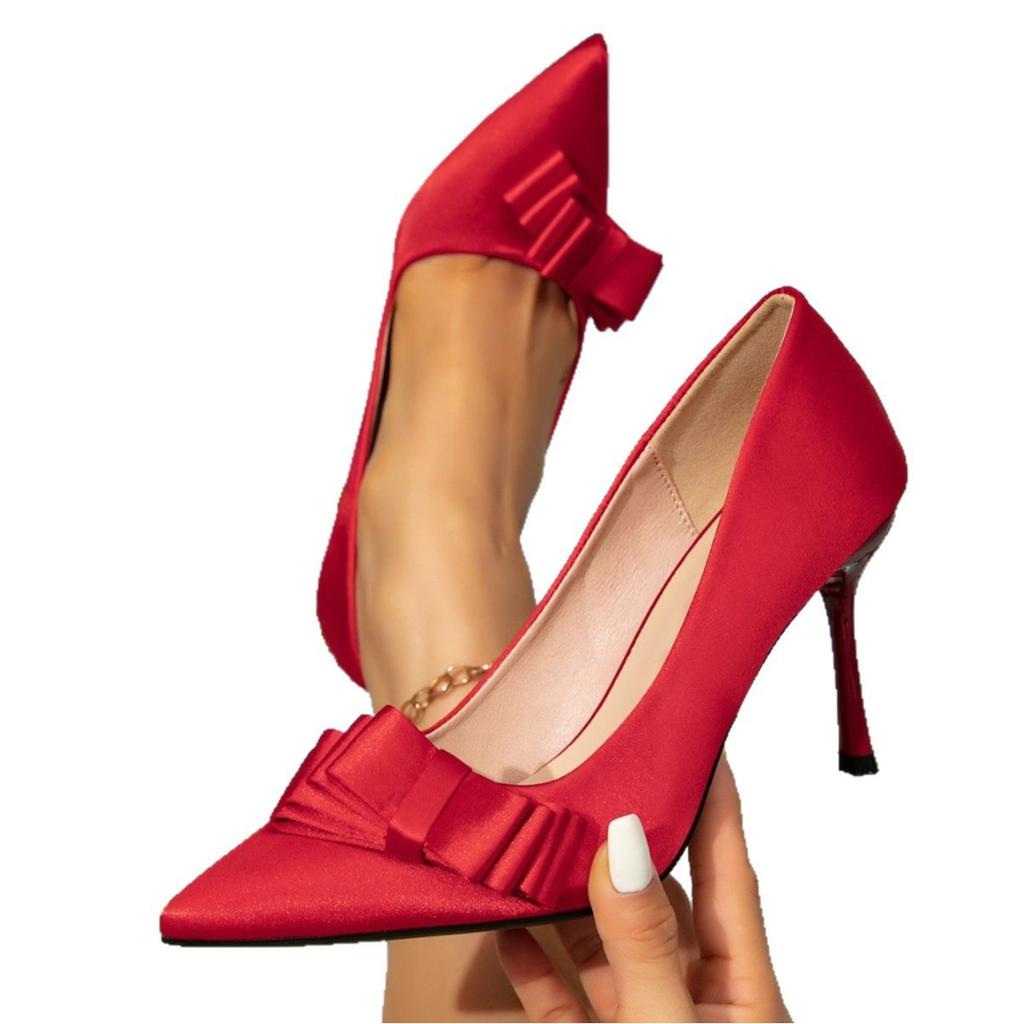Huizhou 2025 women's shoes red high heels bow stiletto high heel fashion party pointed high heels