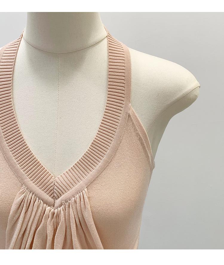 Design-Conscious Pink Pleated Halter Neck V-Neck Open-Back Slim Camisole for Women - New 2026 Summer Style