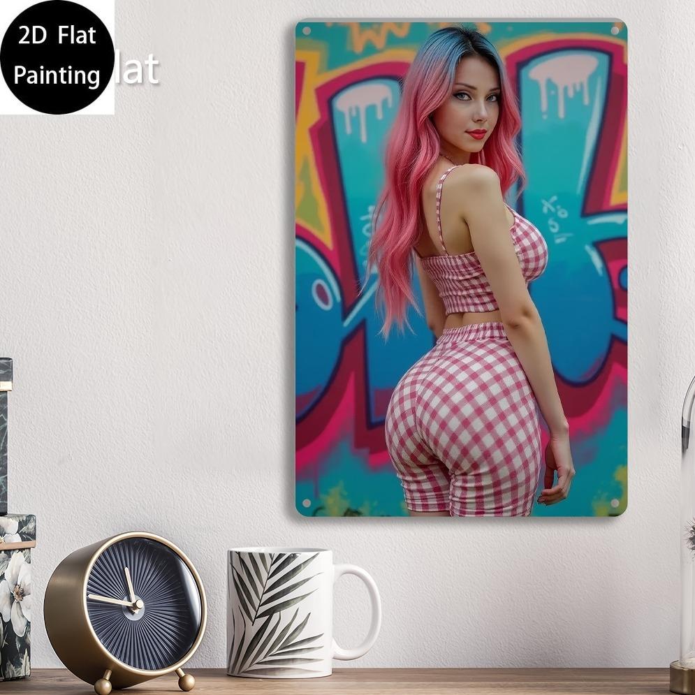 

Vintage Graffiti Metal Wall Art - Pink Hair Girl Plaid Outfit Waterproof Aluminum Hanging Decor for Home Office Halloween Christ 20x30cm（7.8x11.8inch）