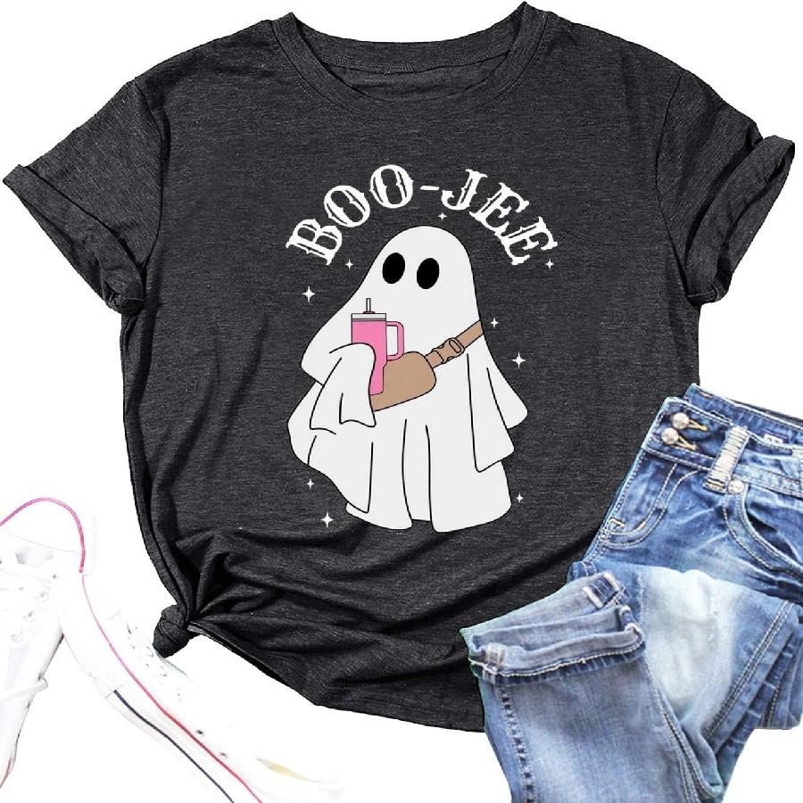 

Boo JEE Ghost Tshirt Women Halloween Spooky Ghost Shirt Short Sleeve Funny Letter Print Tee Fall Holiday Tops XXXXXL чорний