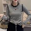 Loose Fit Striped Black & White Patchwork Long Sleeve T-shirt - Korean Style, Casual Plus Size Base Top for Autumn