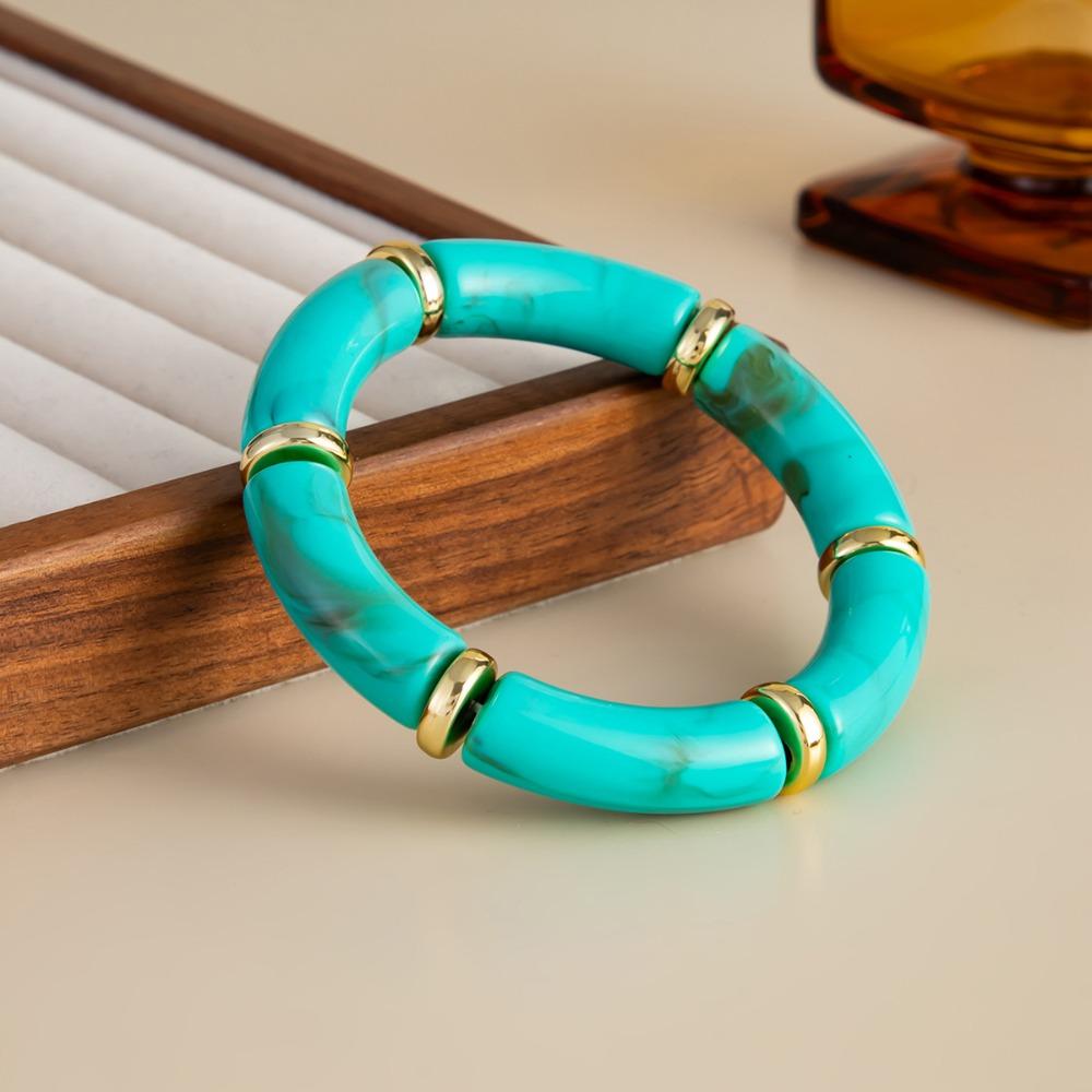 Retro Ethnic Gold Color Bent Pipe Irregular Imitation Turquoise Resin Splicing Elastic Bracelets for Women Bohemia Jewelry Gifts