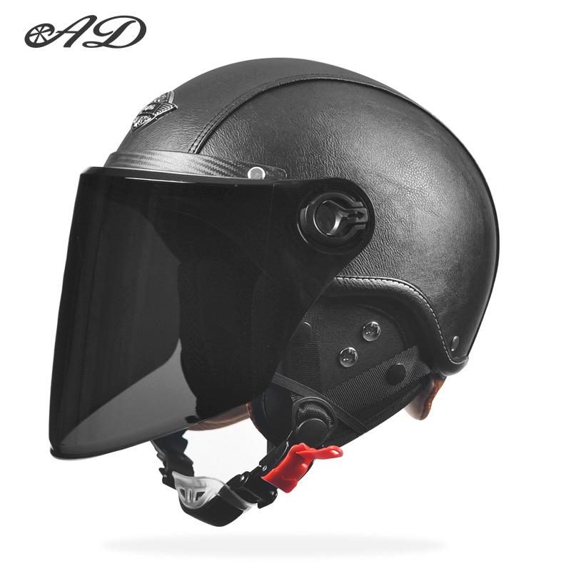 AD Retro Motorcycle Helmets with Harley Visor Leather Helmet for Man Electric Motorbike Vintage Protected Motor Safety Cap