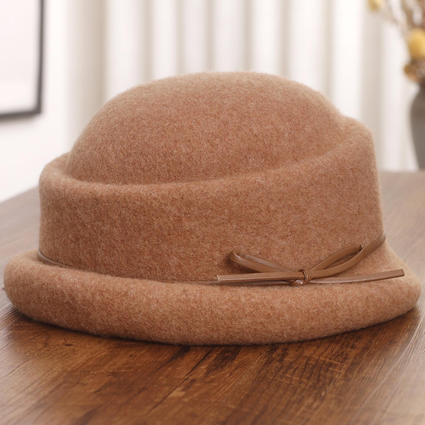 

Leather bow wool celebrity top hat women s French Hepburn style flanged temperament warm basin hat M（56-58cm）